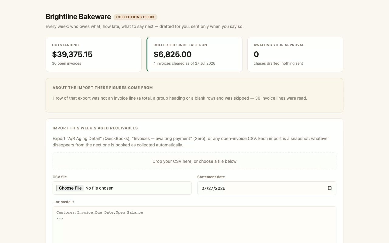 Hiring Collections Clerk from the moulds.ai catalog, then dropping this week's aged-receivables export into its workspace: it works out which invoices were paid, what is still outstanding, and how many reminders are now due.